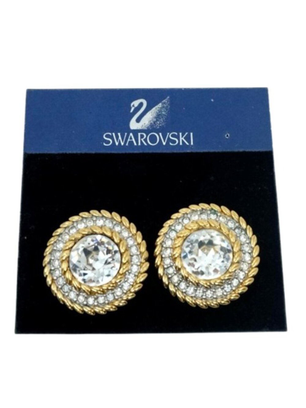 VTG SWAROVSKI Signed SAL DIAMANTE CRYSTAL w/HALO GOLD PLATED CLIP EARRINGS